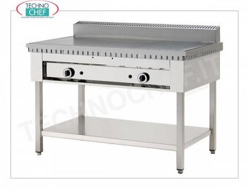 Cuocipiadina a GAS con PIASTRA al CROMO SATINATO, Versione su Gambe con Ripiano Inferiore Cuocipiadina a gas con piastra al cromo satinato da 600x600 per 4 piadine, versione su gambe con ripiano inferiore, potenza termica kw 6,7, dim. esterne mm 650x730x960h