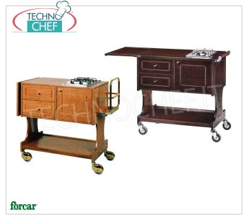 Forcar - CARRELLO FLAMBE' con 2 FUOCHI SEPARATI, colore NOCE, Mod.CL2752 Carrello flambè in legno mutistrato tinto NOCE, con 2 Fuochi, Ribaltina laterale,  Portabottiglie,  sottostante vano con anta a battente, 2 cassetti e ripiano inferiore, dim.mm.1070x580x910h