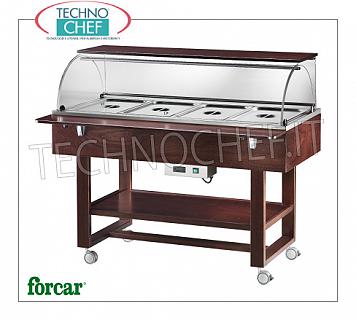 Carrelli refrigerati espositori Carrello espositore refrigerato in legno color NOCE o WENGE', marca FORCAR, completo di cupola in plexiglass, 2 mensole d'appoggio, capacità 4 bacinelle GN 1/1 (escluse), temp.-5°/+5°C, refrigerazione statica, V.230/1, Kw.0,25, dim.mm.1480x900x1260h