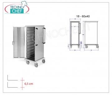 Carrello Armadiato Neutro per 18 teglie pizza/pasticceria cm 60x40 - guide a L - Passo 6,5 cm Carrello Armadiato Neutro per 18 teglie pizza/pasticceria cm 60x4 con guide a L - passo 6,5 cm, dimensioni mm 590x770x1450h