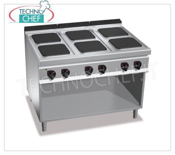 TECHNOCHEF - CUCINA ELETTRICA 6 PIASTRE su VANO a GIORNO, mod. E9PQ6M CUCINA ELETTRICA 6 PIASTRE su VANO a GIORNO, BERTOS  Linea MAXIMA 900, Serie HIGH POWER, con 6 piastre QUADRE da mm 300x300, COMANDI INDIPENDENTI, 6 livelli di potenza, V.400/3+N, Kw 21,00, Peso 136 Kg, dim.mm.1200x900x900h