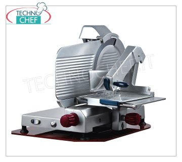 TECHNOCHEF - Affettatrice verticale per salumi, trasmissione ad ingranaggi, lama Ø 400 mm, Professionale Affettatrici verticale con piatto salumi in lega d'alluminio con trasmissione ad ingranaggi, diametro lama mm 400, peso 52 Kg, dim.mm 805x710x700h - disponibile in versione monofase o trifase