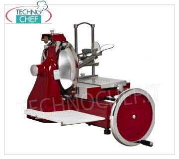 TECHNOCHEF - AFFETTATRICE  MANUALE  a VOLANO, lama Ø 370 mm, Professionale Affettatrice manuale a VOLANO Verticale per Salumi, lama diametro 370 mm, Colori di serie: ROSSO, NERO, CREMA o Personalizzabile su richiesta, dim. mm 710x870x800h