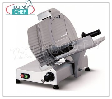 TECHNOCHEF - AFFETTATRICE a GRAVITA'/INCLINATA, lama Ø 300, ESECUZIONE CE DOMESTICO, Mod.F300RD Affettatrice a gravità/inclinata, lama diametro 300 mm, in lega d'alluminio, su TELAIO RIDOTTO, ESECUZIONE CE DOMESTICO, V 230/1, Kw 0,220, Peso 19 Kg, dim.mm.485x440x440h