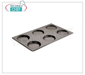 Teglie pizza, pasticceria Teglia Gastro-norm 1/1 antiaderente con 6 stampi rotondi diametro cm 12,5, per focaccine, dimensioni cm 53x32,5