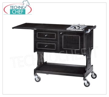 Forcar - CARRELLO FLAMBE' in LEGNO con 2 FUOCHI SEPARATI, Mod.CL2752 Carrello flambè in legno mutistrato tinto NOCE, con 2 Fuochi, Ribaltina laterale,  Portabottiglie,  sottostante vano con anta a battente, 2 cassetti e ripiano inferiore, dim.mm.1070x580x910h