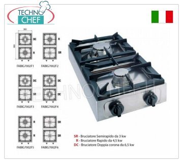 fornello gas professionale da tavolo, 2 fuochi FORNELLO A GAS da TAVOLO con 2 FUOCHI PROFESSIONALI in ACCIAIO INOX, funzionante a gas universale, dimensioni mm 350x660x170h, realizzato in 6 VERSIONI con POTENZA TERMICA da 6 a 13 kw, GAMMA COMPLETA