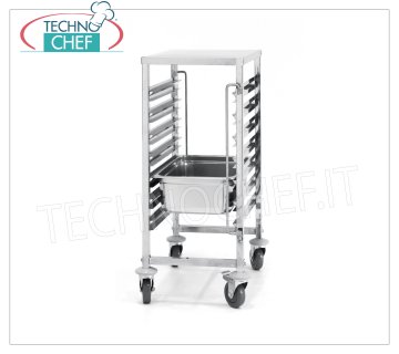 TECHNOCHEF - Carrello per 7 Teglie GN 1/1 con Piano Superiore Inox, Mod.810668 CARRELLO PORTATEGLIE INOX con RIPIANO di LAVORO, con 7 coppie Guide, passo 80 mm, per 7 Teglie Gastro-Norm GN 1/1 (mm 530x325), dim.mm.380x550x925h