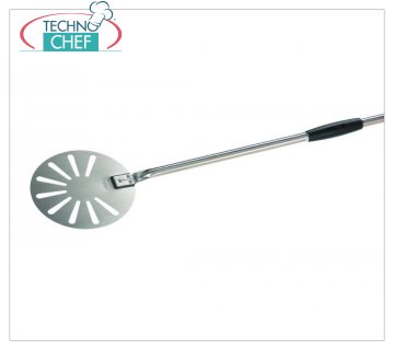 GIMETAL - Palettino per Pizza Tondo Inox, versione FORATO, Mod.85906 Palino Pizza Tondo per girare e sfornare, versione FORATO, realizzato in ACCIAIO INOX, con manico ed impugnatura scorrevoli in plastica nera, diametro mm 200, lunghezza manico 1500 mm.