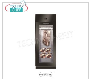 ARMADIO FROLLATURA CARNE, Nero, 1 Porta VETRO, carico max 150 Kg,  mod. STG MEAT 700 BLACK Everlasting - ARMADIO Frollatura-Maturazione Carne in Acciaio ﻿PLASTIFICATO NERO, 1 PORTA con VETRO, Gas R 452a, Temp +0°/+10° C, ﻿Capacità Kg. 150, Dim. mm 750x850x2080h