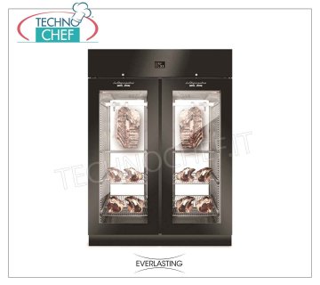 ARMADIO FROLLATURA CARNE, Nero, 2 Porte VETRO, capacita' max Kg 300, mod. STG MEAT 1500 BLACK PANORAMA Everlasting - ARMADIO Frollatura-Maturazione Carne in Acciaio PLASTIFICATO NERO, 2 PORTE a VETRO, Gas R 452a, Temp. +0°/+10° C, ﻿Capacità Kg. 300, Dim. mm 1500x850x2080h