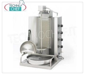 Technochef - GYROS PROFESSIONALE a GAS con 4 BRUCIATORI, asta di cottura alta 655 mm Gyros a gas in acciaio inox con 4 bruciatori orizzontali indipendenti, asta di cottura alta 655 mm, capacità di carico 30 Kg, potenza termica Kw.10,8, peso 21 Kg, dim.mm.590x530x870h