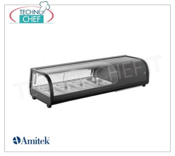 Vetrina Espositiva Refrigerata per Sushi, capacità 4 bacinelle GN 1/3 VETRINA ESPOSITRICE REFRIGERATA per SUSHI, capacità 4 bacinelle GN 1/3, Classe B, temperatura d'esercizio 0°/+12°C, V.230/1, Kw.0,19, dim.mm. 1177x425x295h