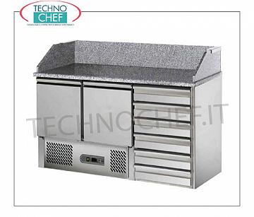 Banco Pizza Refrigerato GN, 2 Porte, 6 Cassetti, Piano in Granito con Alzatina, Ecologico BANCO PIZZA REFRIGERATO 2 PORTE GN 1/1 + CASSETTIERA a 6 cassetti, Ventilato temp.+2°+8°C, ECOLOGICO, GAS R134a-R600a-R290, V.230/1, Kw.0,23, Peso 270 kg, dim..mm.1400x700x1030h