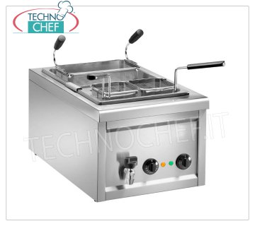 CUOCIPASTA ELETTRICO da BANCO in ACCIAIO INOX Cuocipasta elettrico da banco in acciaio inox, completo di 1 cestello da mm 275x150x200h + 2 cestelli da mm 125x125x200h, termostato da 0° a 110°C, V.230/1, Kw.3,2, Peso 15 Kg, dim.mm.400x700x340h