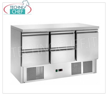 Tavolo Refrigerato, 1 Porta, 4 Cassetti, Temp.+2°/+8°C, Statico, Classe E, mod.AK943-4D Tavolo refrigerato con 1 porta, 4 cassetti, temperatura +2°/+8°C, refrigerazione statica,  ECOLOGICO in Classe E, Gas R290, V.230/1, Kw..0,28, Peso 119 Kg, dim.mm.1365x700x850h