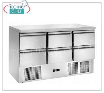 Tavolo Refrigerato, 6 Cassetti, Temp.+2°/+8°C, Statico, Classe E, mod.AK943-6D Tavolo refrigerato con 6 cassetti, temperatura +2°/+8°C, refrigerazione statica, ECOLOGICO in Classe E, Gas R290, V.230/1, Kw..0,28, Peso 127 Kg, dim.mm.1365x700x850h