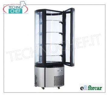 Technochef -  Vetrina FRIGO su ruote con vetro tondo, 1 Porta, Statico, Temp.+2°/+8°C, lt.400, Classe C, Mod.ARC400RC Espositore Rifrigerato su ruote con 1 porta vetro tondo, struttura esterna acaio inox AISI 430 Statico, temperatura +2°/+8°C, capacità lt.400, Classe C, illuminazione a Led, V.230/1, Kw.0,21, Peso 127 Kg, dim.mm.680x1750h