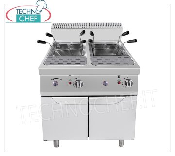 Technochef - CUOCIPASTA a GAS su MOBILE, 2 VASCHE da lt.24+24 CUOCIPASTA a GAS su MOBILE, Linea 700, 2 vasche inox indipendenti da lt.24+24, cestelli inox inclusi, potenza termica Kw.10,00+10,00, dim.mm.800x700x1085h,