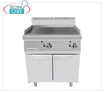 Technochef - FRY TOP a GAS con PIASTRA LISCIA/RIGATA su MOBILE, Kw.20,00