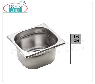 Bacinelle Gastronorm GN 1/6 in acciaio inox Bacinella Gastro-norm 1/6, inox 18/10, Capacità lt.1,6, dim.mm.176 x 162 x 100 h