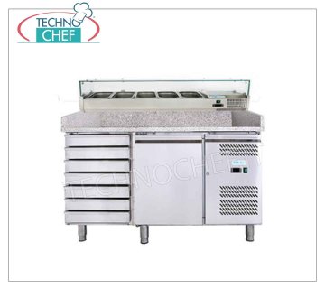 Banco Pizza Refrigerato 1 Porta, 7 Cassetti, Vetrina Ingredienti da 1/3 o 1/4 gn, Classe C BANCO PIZZA REFRIGERATO VENTILATO 1 PORTA, CLASSE C, GAS R600a, Marca FORCOLD, temperatura d'esercizio -2°/+8 °C, con VETRINA  REFRIGERATA profonda 330 o 380 mm, 7 cassetti, Kw.0,275, V.230/1, dim.mm.1510x800x1435h, peso 346 kg cap. lt 390