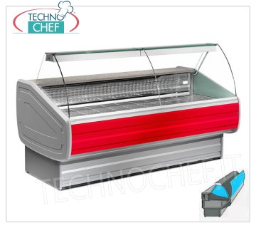 BANCO FRIGO ESPOSITIVO Ventilato, Temp.0°/+2° , PIANO PROFONDO cm 80, VETRO CURVO Banco refrigerato espositivo per MACELLERIA o GASTRONOMIA, ventilato, temp.0°/+2°C, versione con VETRI CURVI apribili VERSO iL BASSO, piano espositivo profondo cm 80, con riserva refrigerata, V.230/1, Kw.0,373, Peso 170 Kg, dim.mm.1500x1060x1205h