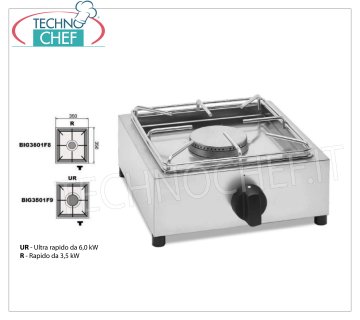 Technochef - Fornello gas professionale da tavolo, 1 fuoco FORNELLO A GAS da TAVOLO con 1 FUOCO PROFESSIONALE in ACCIAIO INOX funzionante a gas universale, con 1 BRUCIATORE RAPIDO da kw 3,5, peso 5,9 kg, dimensioni mm 350x350x170h