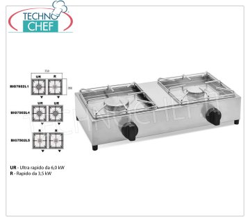 Technochef - Fornello gas professionale da tavolo, 2 fuochi FORNELLO A GAS da TAVOLO con 2 FUOCHI PROFESSIONALI in ACCIAIO INOX funzionanti a gas universale, con 1 BRUCIATORE ULTRA RAPIDO da kw 6,00 e 1 BRUCIATORE RAPIDO da kw 3,5, peso 12 kg, dimensioni mm 750x350x170h