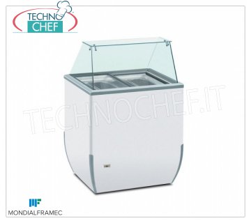 MONDIAL FRAMEC - Vetrina espositiva per gelato mantecato, lt.170, Mod.BRIOICE4SK Vetrina espositiva per gelato mantecato, MONDIAL FRAMEC, capacità 170 litri, temperatura -18°/-25°C, statica con evaporatore avvolto sulla vasca, V. 230/1, Kw 0,15, Peso 47 Kg, dim.mm.780x640x1181h