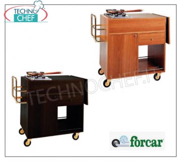 Forcar - CARRELLO FLAMBE' colore WENGE', 2 Fuochi, Mod.CF1201W Carrello flambe' in legno nobilitato WENGE', con 2 FUOCHI, Portabottiglie, Ribaltina Laterale,  sottostante vano con anta a battente, 1 cassetto e ripiano inferiore, dim.mm.1050x580x850h