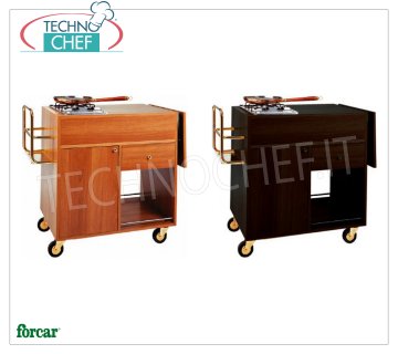 Forcar - CARRELLO FLAMBE' con 2 FUOCHI separati, colore noce, Mod.1202 Carrello flambe' in legno nobilitato NOCE, con 2 FUOCHI, Portabottiglie, Ribaltina laterale, sottostante vano con anta a battente, 1 cassetto e ripiano inferiore, dim.mm.1050x580x850h