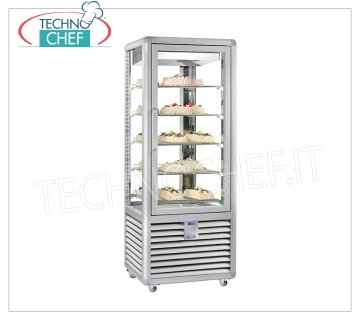 TECHNOCHEF - Vetrina Refrigerata per Pasticceria, Temp.+5°-20°C, 1 Porta, lt.427, Mod.CGL450G2T Vetrina multitemperatura da +5° a -20°C per pasticceria 1 porta, refrigerazione ventilata, Linea Curve, con 4 lati espositivi, 5 ripiani rettangolari da mm 565x445, capacità lt 427, V.230/1, Kw.0,75, Peso 186 Kg, dim.mm.720x620x1860h