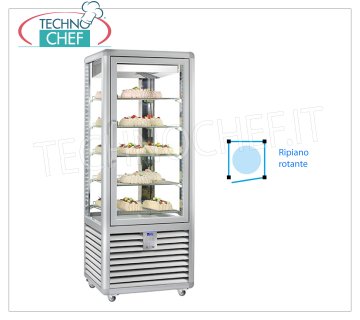 TECHNOCHEF - Vetrina Refrigerata per Pasticceria, Temp.+5°-20°C, 1 Porta, lt.427, Mod.CGL450R2T Vetrina multitemperatura da +5° a -20°C per pasticceria 1 porta, refrigerazione ventilata, Linea Curve, con 4 lati espositivi, 5 ripiani rotanti in vetro Ø 452, capacità lt 427, V.230/1, Kw.0,54, Peso 186 Kg, dim.mm.720x620x1860h