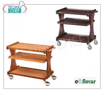 Carrelli di servizio in legno Carrello di servizio in legno multistrato tinto NOCE, marca FORCAR, 3 piani in laminato, spalliere portanti monocorpo, 4 ruote multidirezionali, dim.mm.860x550x850h