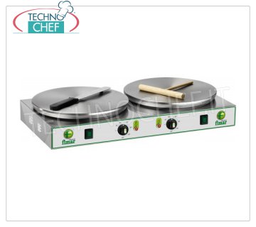 Technochef  -  Crepiera Elettrica Professionale, 2 Piastre in Ghisa Ø 350 mm, Mod.CRP2N CREPIERA ELETTRICA da tavolo con 2 PIASTRE DI COTTURA in GHISA e SUPERFICIE MULTIRIGHE ANTISCIVOLO DIAMETRO 350 MM, controllo termostatico della temperatura di cottura, V.400/3+N, Kw.2,4+2,4, Peso 23 Kg, dimensioni esterne mm.760x370x140h.
