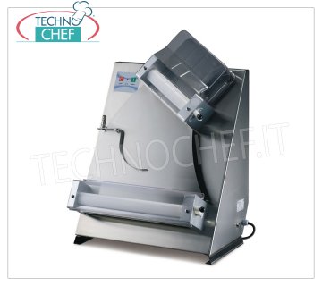 Stendipizza con 2 coppie di rulli inclinati da mm 400, mod.DL40 Stendipizza in acciaio inox con 2 COPPIE di RULLI INCLINATI LUNGHI mm 400, per pagnottine da 80/400 grammi, V 230/1, kW 0,37, dim. mm 520x450x712h