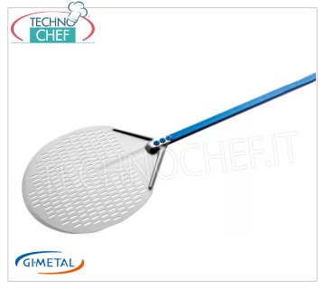 Gi.Metal - Pala pizza tonda forata in alluminio, Linea Azzurra, lunghezza manico cm 120 Pala pizza tonda forata in lega di alluminio, Linea Azzurra, leggera, flessibile e resistente, diametro 300 mm, lunghezza manico 1200 mm.