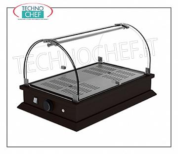 Vetrine espositive calde da banco Vetrina espositiva RISCALDATA da banco con cupola in plexiglass completa di asta di rinforzo ed apertura sui 2 fronti, Linea QUADRO, con base in legno color WENGE', temp.65°C, V.220/1, Kw.0,27, dim.mm.540x350x334h