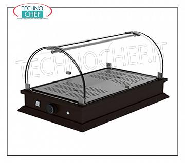 Vetrine espositive calde da banco Vetrina espositiva RISCALDATA da banco con cupola in plexiglass completa di asta di rinforzo ed apertura sui 2 fronti, Linea QUADRO, con base in legno color WENGE', temperatura 65°C, V.220/1, Kw.0,27,dim.mm.740x350x334h