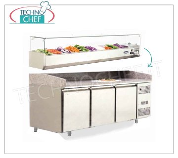 Banco Pizza Refrigerato 3 PORTE, Piano in GRANITO- Optional  Vetrina  ingredientii BANCO PIZZA REFRIGERATO 3 PORTE, Ventilato, Temp. -2°+8°C. - Classe Energetica B, V.230/1, ( Senza  VETRINA  INGREDIENTI ), dim.mm.2010x800x900h