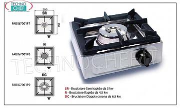 fornello gas professionale, 1 fuoco FORNELLO A GAS da TAVOLO con 1 FUOCO PROFESSIONALE in ACCIAIO INOX, funzionante a gas universale, dimensioni mm 350x350x170h, realizzato in 3 VERSIONI con POTENZA TERMICA da 3 a 6,5 kw, GAMMA COMPLETA