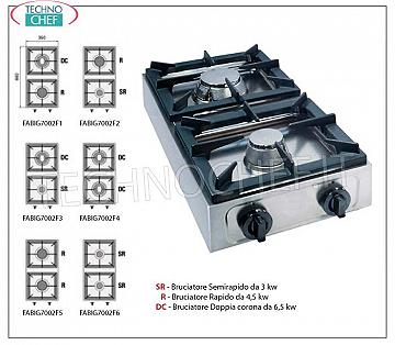 fornello gas professionale da tavolo, 2 fuochi FORNELLO A GAS da TAVOLO con 2 FUOCHI PROFESSIONALI in ACCIAIO INOX, funzionante a gas universale, dimensioni mm 350x660x170h, realizzato in 6 VERSIONI con POTENZA TERMICA da 6 a 13 kw, GAMMA COMPLETA