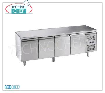 Forcold- Tavolo Frigo Refrigerato 4 porte, Temp.-2°/+8°C, lt.553, Ventilato, Mod.G-GN4100TN-FC Tavolo Refrigeratoo 4 Porte, Professionale, capacità lt.553, temperatura  -2°/+8°C, refrigerazione ventilata, Gastronorm 1/1, ECOLOGICO in Classe C, Gas R290, V.230/1, Kw.0,398, Peso 132 Kg, dim.mm.2230x700x850h