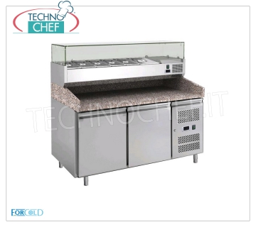 Banco pizza refrigerato 2 PORTE, Piano in GRANITO e Vetrina Ingredienti da 1/3  o  1/4 gn BANCO PIZZA REFRIGERATO 2 PORTE,  con vetrina refrigerata profonda 330 mm, capacità 7 bacinelle GN 1/4 (mm 265x162), temperatura d'esercizio -2°/+8 °C, Kw.0,275, V.230/1, dim.mm.1510x800x1400h