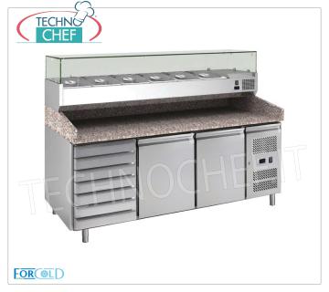 Banco pizza  2 Porte, 7 Cassetti,  Piano in Granito e Vetrina Ingredienti da 1/3  o  1/4 gn BANCO PIZZA REFRIGERATO  2 PORTE, Ventilato Temp. -2°+8°C., CLASSE C, Cassettiera con 7 Cassetti,  piano in GRANITO, con Vetrina Ingredienti refrigerata profonda 33 cm, KW 0,275, v 230/1, dim. mm. 2020x800x1435h