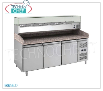 Banco Pizza Refrigerato 3 PORTE, Piano in GRANITO e Vetrina Ingredienti da 1/3 o 1/4 gn, Classe C BANCO PIZZA REFRIGERATO 3 PORTE, Marca FORCOLD, con vetrina refrigerata profonda 330 mm, capacità 10 bacinelle GN 1/4 (mm 265x162), temperatura d'esercizio +2°/+8 °C, Ventilato, Kw.0,398, V.230/1, dim.mm.2020x800x1400h