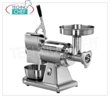 FIMAR - Technochef, Tritacarne-Grattugia ''Tipo 12'', Professionale, Mod.12/AT Abbinato Tritacarne / Grattugia Tipo 12 in alluminio lucidato con tramoggia e Bacinelle in acciaio inox, Gruppo tritacarne in GHISA TOTALMENTE SMONTABILE, V. 400/3+N, Kw 0,75, dim. mm 605x350x510h