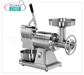 FIMAR - Technochef, Tritacarne-Grattugia ''Tipo 22'', Professionale, Mod.22/AE Abbinato TRITACARNE / GRATTUGIA 'TIPO 22' in Alluminio Lucidato, Produzione : TRITACARNE 300 Kg/h, GRATTUGIA 40 Kg/h, con GRUPPO MACINAZIONE CARNE TOTALMENTE SMONTABILE, V. 380/3+N, Kw 1,1, dimensioni mm 630x305x510h