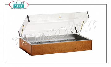 Carrelli di servizio in legno Espositore ghiacciaia con struttura in legno color NOCE, provvisto di 8 contenitori eutettici,  vasca e griglia in acciaio inox, cupola in plexiglass, dim.mm.900x485x230h